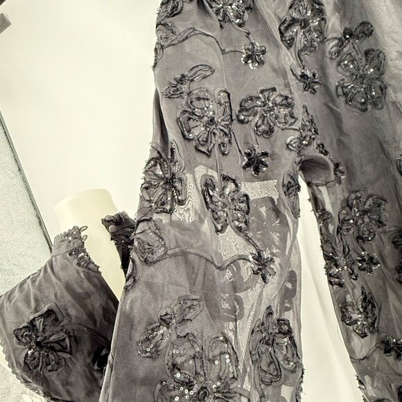 Flora Bea NYC Womens Black Sequin Floral 2-Piece Set S - Top & Wide-Leg Pants - Picture 11 of 13